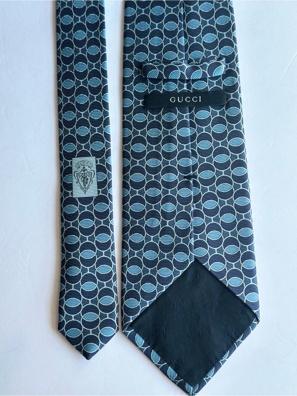 Gucci Mens Silk Tie Blue Geometric Circle Pattern Made In Italy Authentic